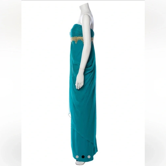 Marchesa Teal Strapless pleated and draped silk Dress with Gold beaded accent. - Picture 10 of 13